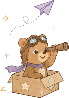 A bear cub in a cardboard box wearing goggles and a scarf, looking through a telescope