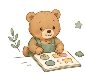 A bear cub in dungarees pressing shapes onto an activity page