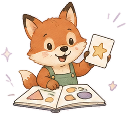 A fox cub holding up a star sticker above an open activity book