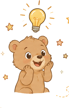 A delighted bear cub under a glowing lightbulb, surrounded by stars